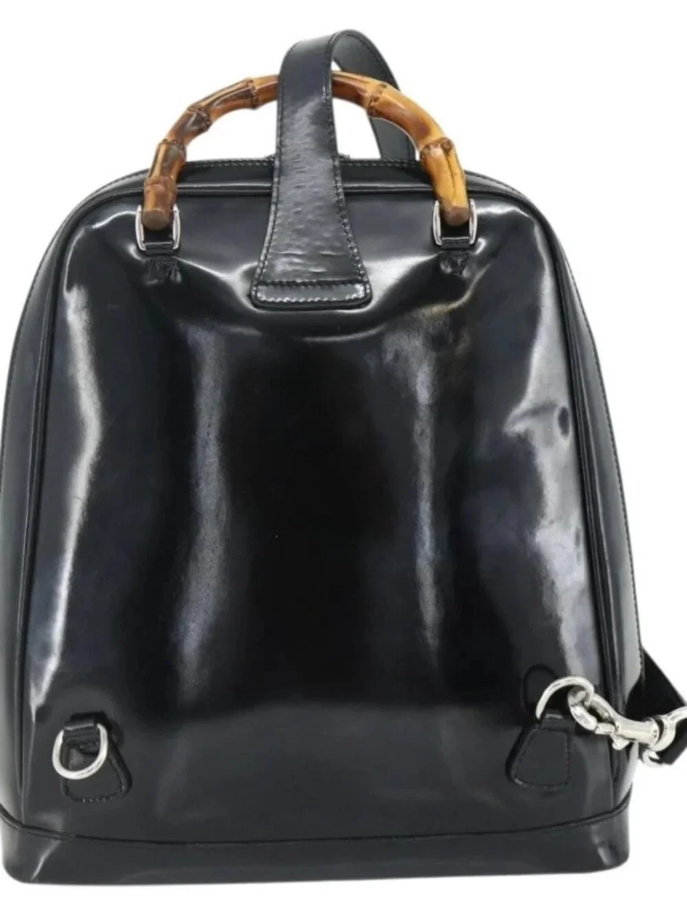 GUCCI Bamboo Bag Patent leather Black Silver 003 2058 0059 5 Auth ka4208